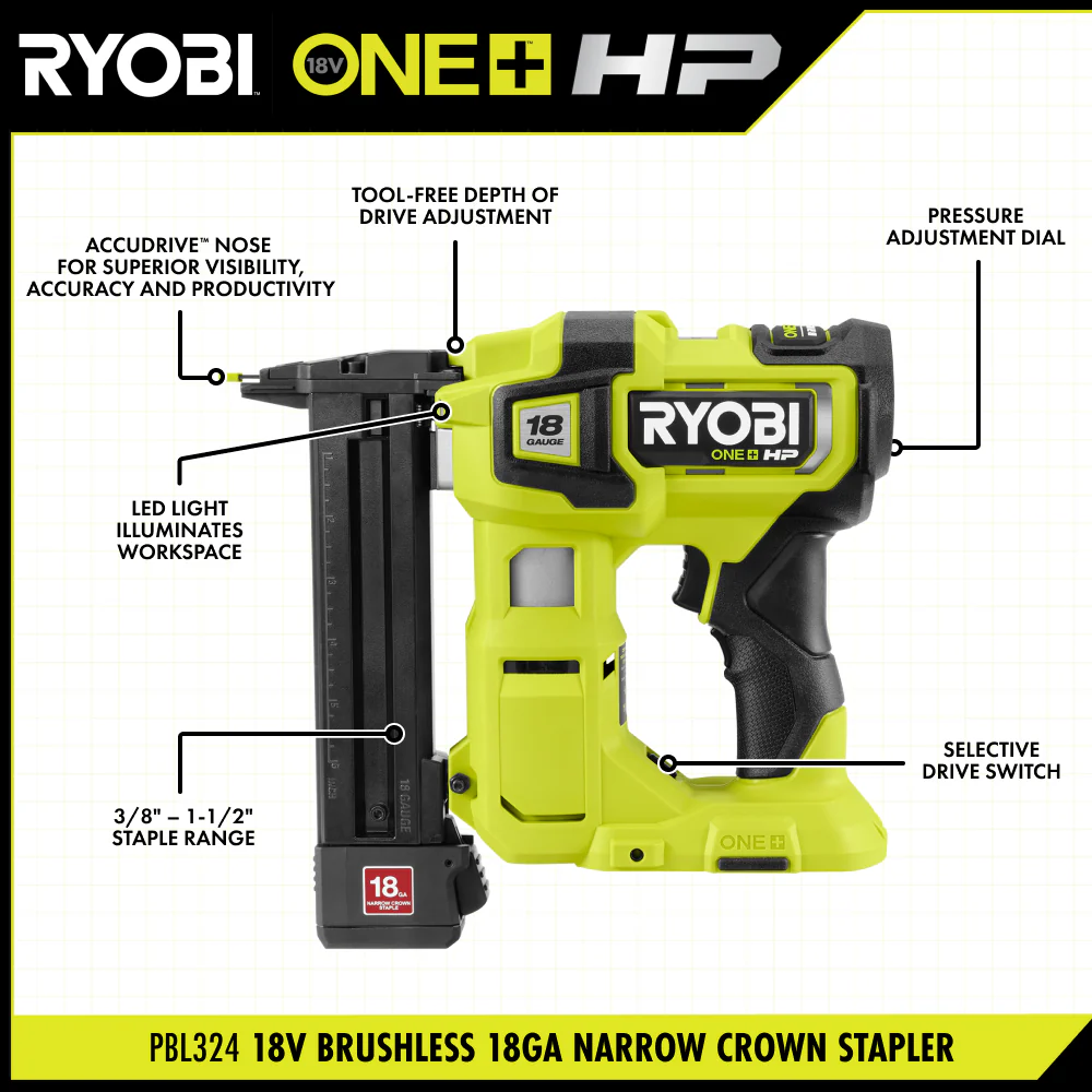 18V ONE+ HP 18V Brushless Cordless 18-Gauge Narrow Crown Stapler, Cordless Staple Gun (Tool Only) - Image 2
